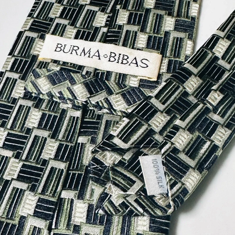 BURMA BIBAS Geometric 2-Tone Green Blue Check 100% Silk Necktie Tie